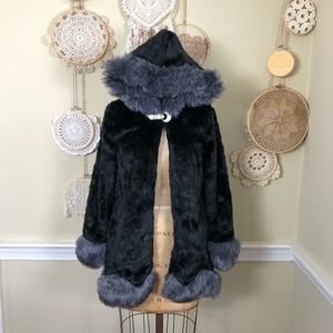 Faux fur furry Fuzzy black Grey coat with hood S